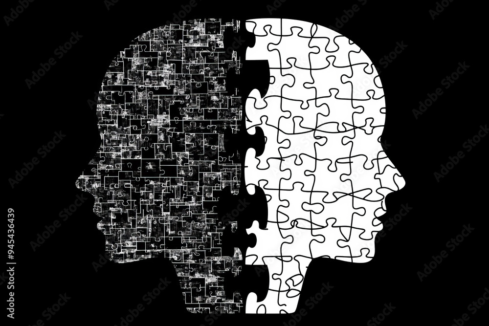 Poster monochromatic puzzle silhouette of a human head depicting the complexity and fragmentation of though
