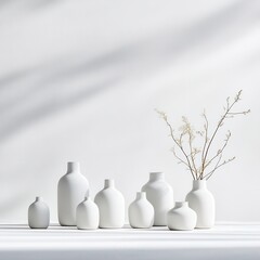 Elegant collection of minimalist white vases displaying delicate branches, perfect for enhancing modern decor aesthetics.