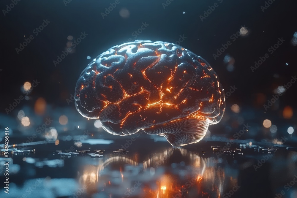 Poster futuristic brain illustration with glowing connections depicting the network of neural interactions 