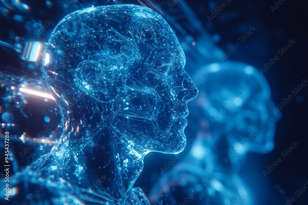 Poster futuristic digital illustration of a human head with neural networks depicting the interconnectivity