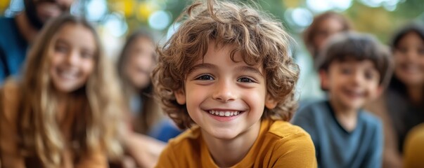 Smiling boy with curly hair in a joyful group setting, showcasing happiness and friendship in a vibrant outdoor environment.