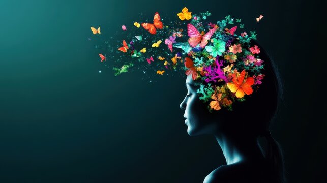 "Woman with Head Bursting into Colorful Flowers, Representing Emotional Blossoming in Mental Health"