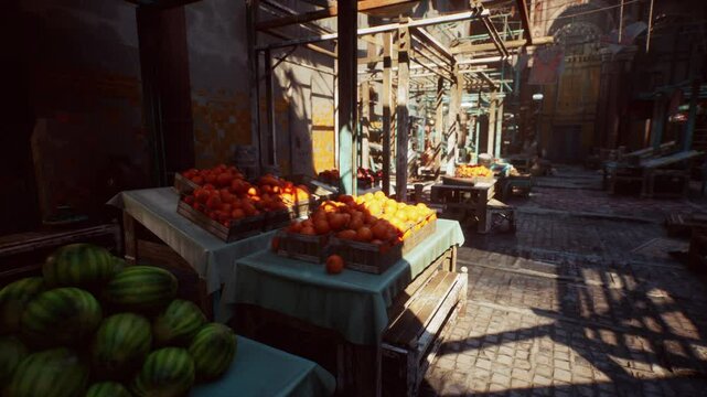 An assortment of colorful fruits on display at an empty old oriental market during sunset.