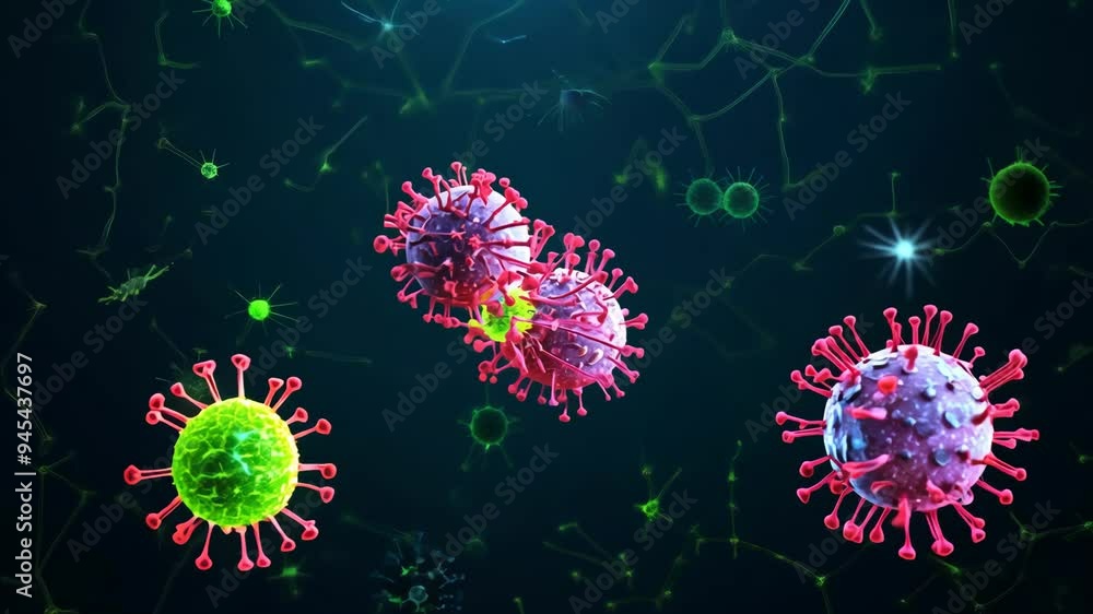 Poster exploring the complex world of viruses in a microscopic environment