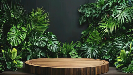 Fototapeta premium Wooden podium platform for products and advertising with growing palm bushes in the background, ideal for promotional and marketing displays new stock image illustration AI