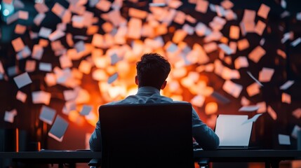 Businessman Overwhelmed by Paperwork in Office, Contemplating Resignation, Stressful Work Environment, Burnout and Career Change Decision, Corporate Overload