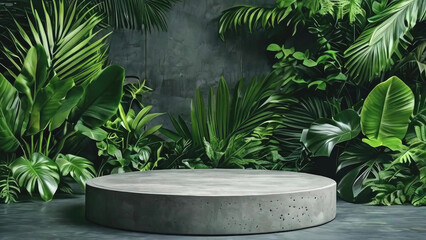 Wooden podium platform for products and advertising with growing palm bushes in the background, ideal for promotional and marketing displays new stock image illustration AI