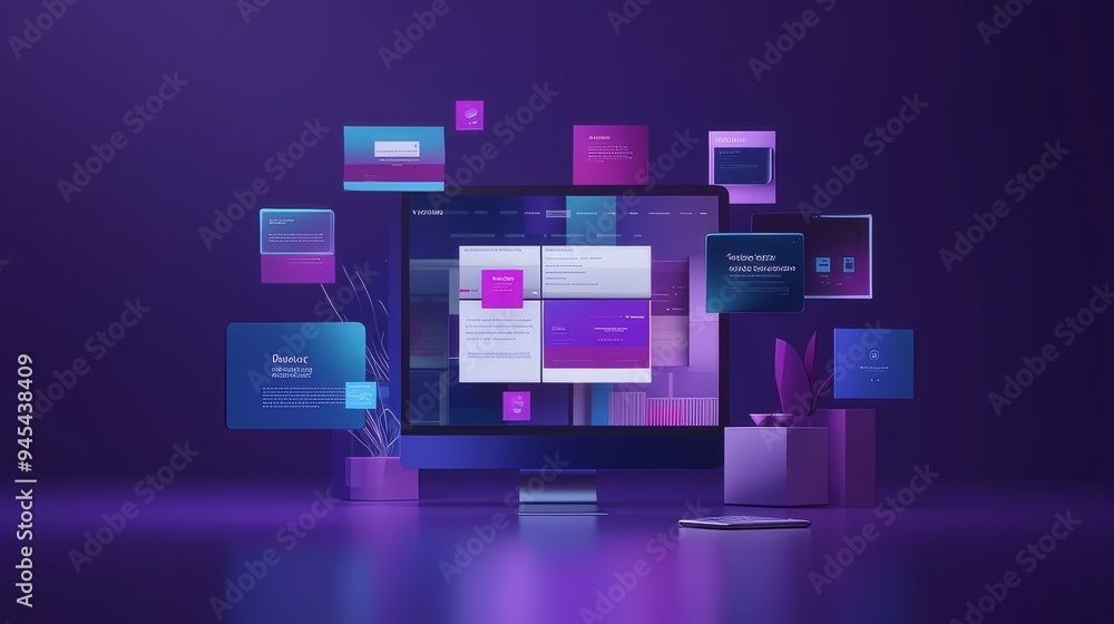 Poster concept of assembling a web page from modules that fly around the display. the web design studio con
