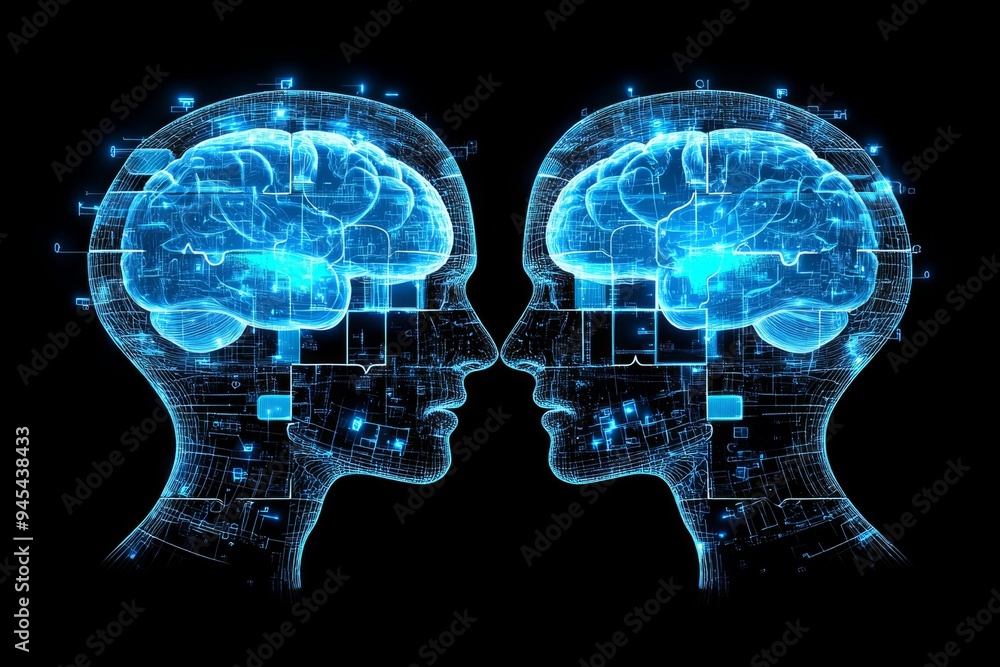Poster digital silhouette of two human heads with glowing brain structures depicting the interplay of cogni