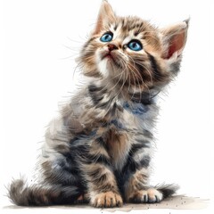 A cute, small tabby kitten is depicted in a watercolor illustration, sitting on its hind legs and gazing upwards with bright blue eyes