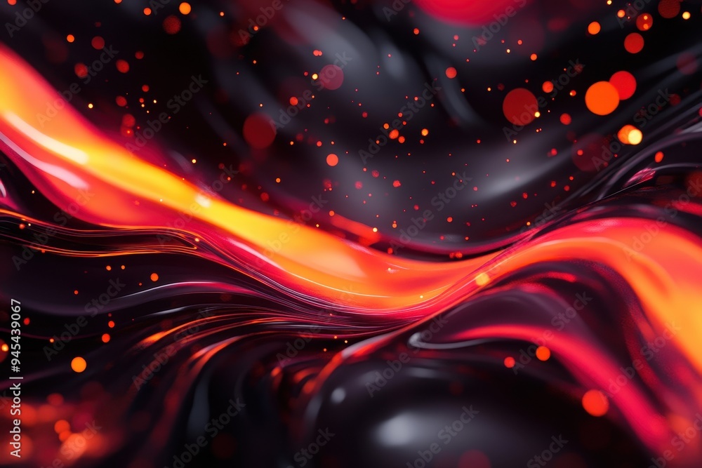 Poster abstract vibrant waves of red and black with glowing particles create a dynamic and energetic visual