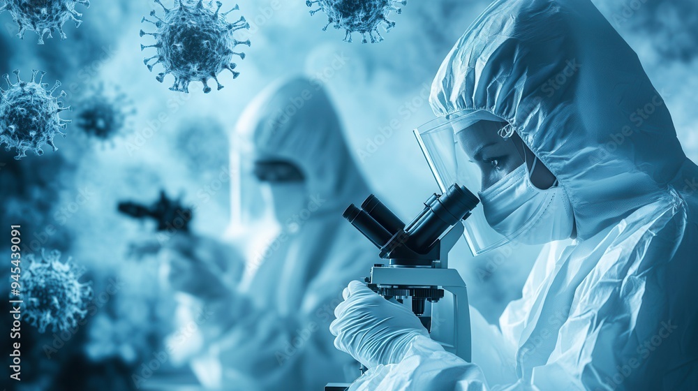 Poster medical professionals in full protective gear focus on examining viruses through a microscope, empha