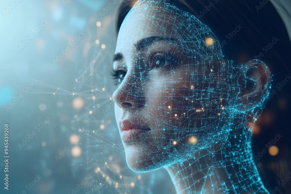 Poster futuristic digital portrait of a woman with glowing neural patterns depicting the intersection of hu