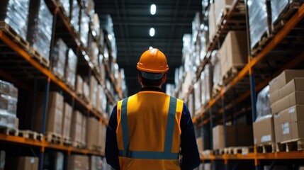 Warehouse worker in a safety vest inspecting high shelves filled with boxes, highlighting logistics, safety, and inventory control in supply chain operations.