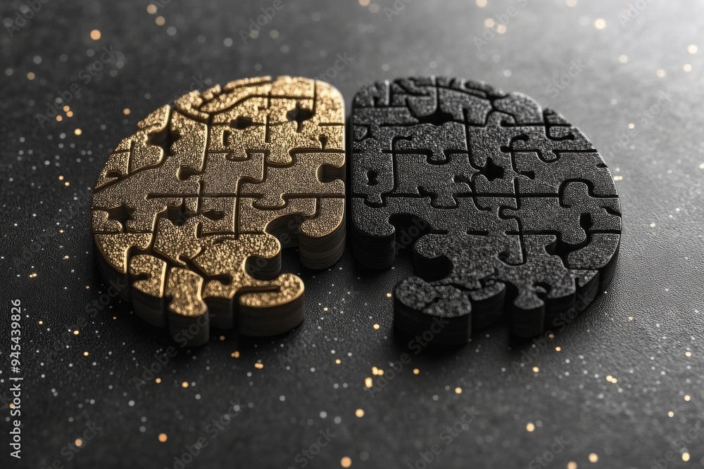 Poster monochromatic puzzle brain sculptures depicting the symmetry and fragmentation of cognitive processe