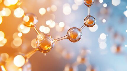 A close-up view of molecular structure featuring intricate bubbles and glowing elements in orange and blue hues.