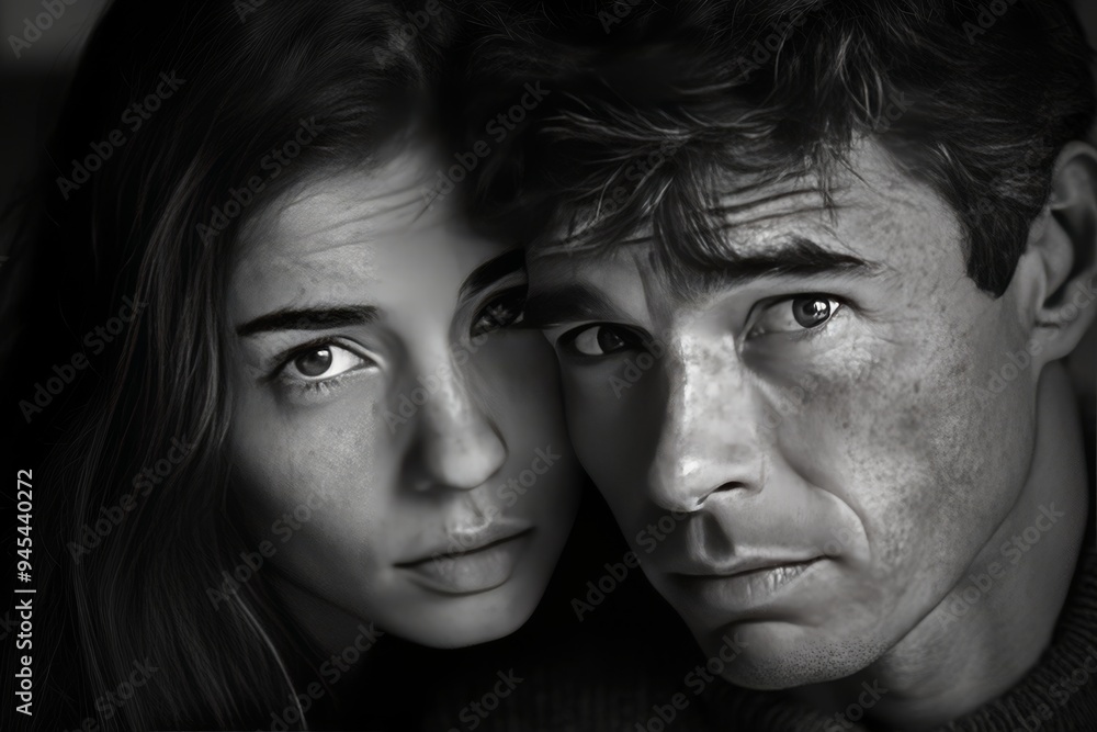Poster emotional black and white portrait of a couple depicting deep connection and shared struggles in a d