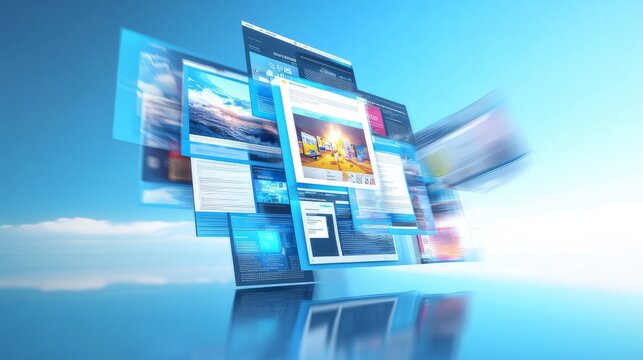 Concept of assembling a web page from modules that fly around the display. The web design studio concept page is on the display