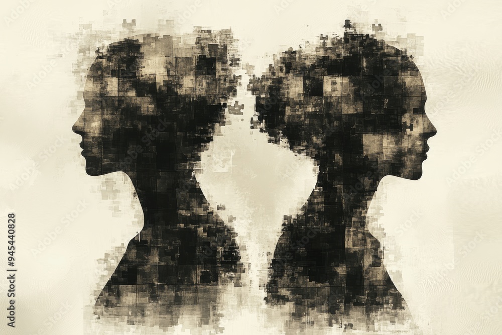 Poster abstract silhouettes of human heads with pixelated brains depicting the fragmentation and reassembly