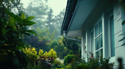 A side view of a house with a window and a gutter, with lush greenery in the foreground.
