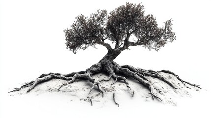 Ancient olive tree with exposed roots on sandy ground against white backdrop
