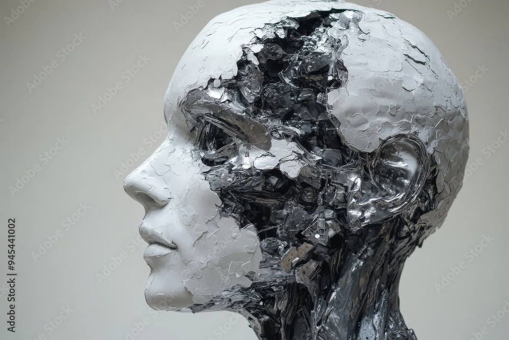 Poster sculptural human head with fragmented features depicting the deconstruction of identity and cognitiv