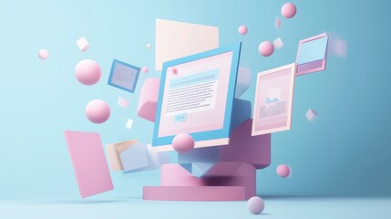 Concept of assembling a web page from modules that fly around the display. The web design studio concept page is on the display