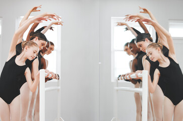 Girl, team and ballet dancers with mirror for performance, stretching or warm up together in studio. Young group, female person or ballerina leaning in pose, row or line for practice or reflection