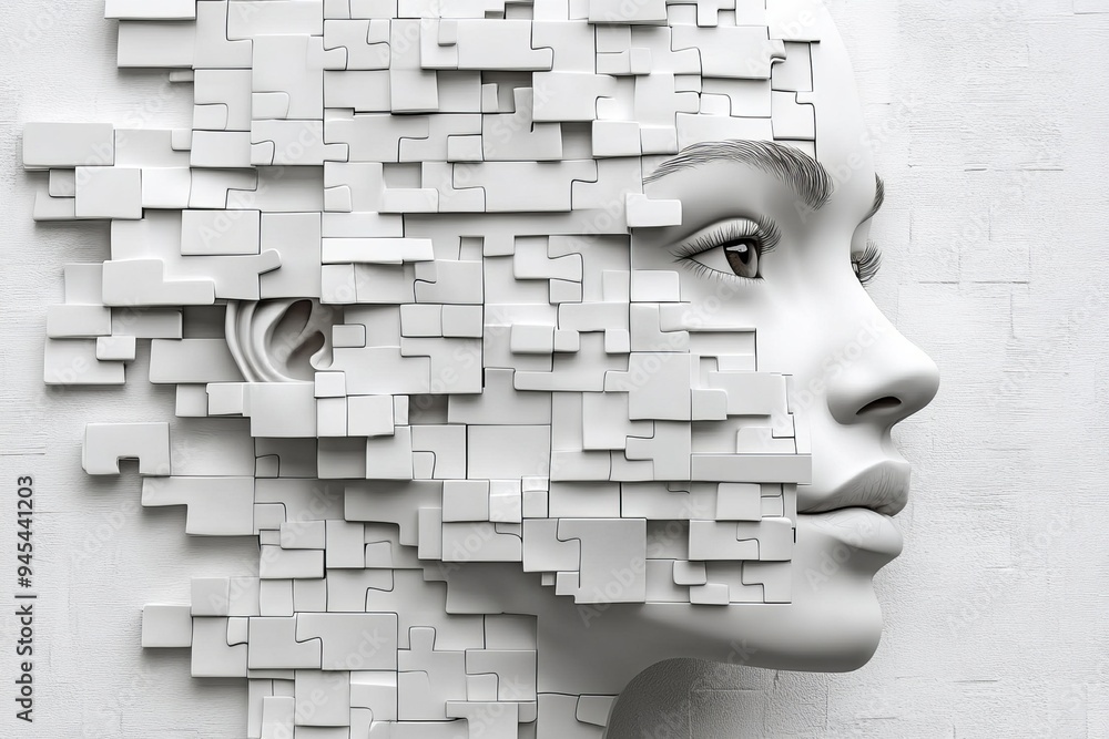 Poster abstract geometric face design depicting the fragmentation and reconstruction of identity and though