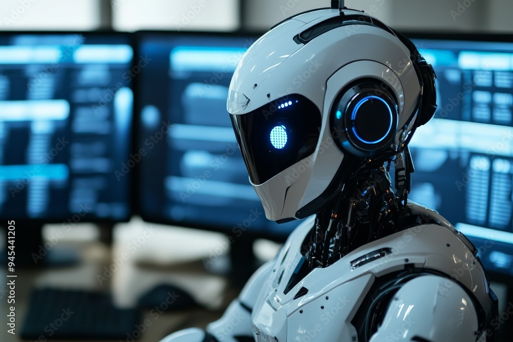 Leinwandbilder Robot with advanced AI capabilities focused on analyzing data displayed on several computer monitors, representing modern data analysis, technology, and automation in AI-driven environments.