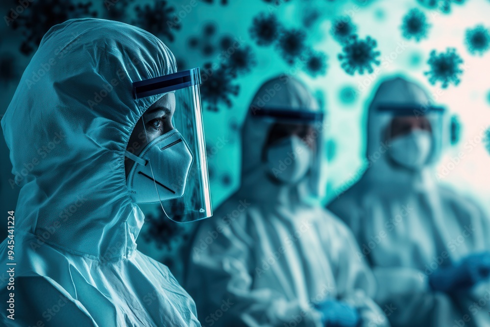 Leinwandbilder medical professionals in protective suits observe viruses under a microscope while surrounded by sym