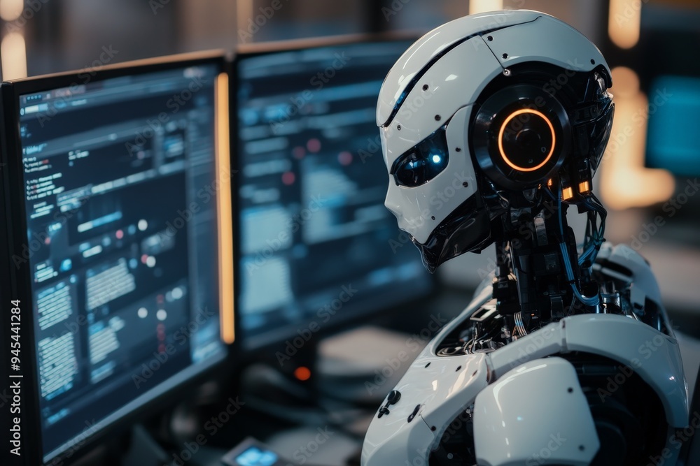 Poster Advanced robot focusing on data displayed on several computer screens in a sophisticated tech environment, representing cutting-edge AI technology and innovation in data analysis.