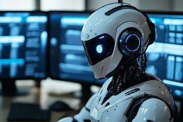 Robot with advanced AI capabilities focused on analyzing data displayed on several computer monitors, representing modern data analysis, technology, and automation in AI-driven environments.