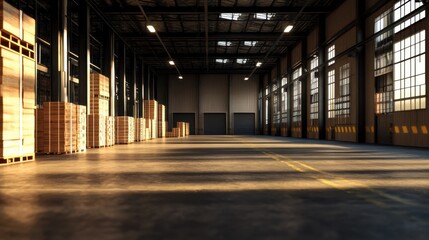 Empty warehouse interior with sunlit aisles and clean flooring, ideal for logistics, inventory management, and storage solutions in a modern distribution center.