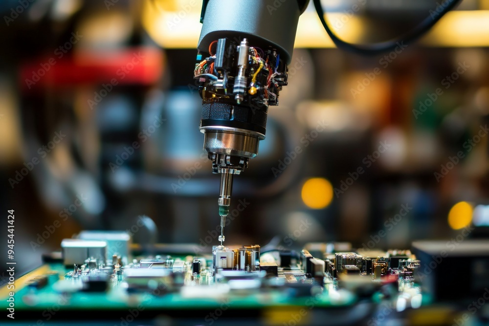 Poster Detailed view of a robot assembling intricate hardware components in a lab, symbolizing precision engineering, technological advancements, and meticulous craftsmanship in robotics development.