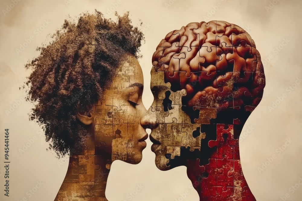 Poster rustic sculptural portrait of a couple with exposed brains depicting the cognitive and emotional con