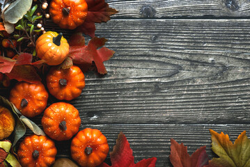 Top view of pumpkins and autumn leaves with copy space for text. Autumn concept background