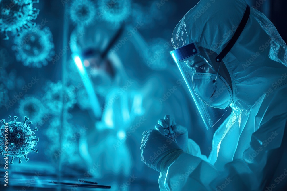 Poster in a laboratory setting, medical workers in protective suits analyze viruses under a microscope, emp