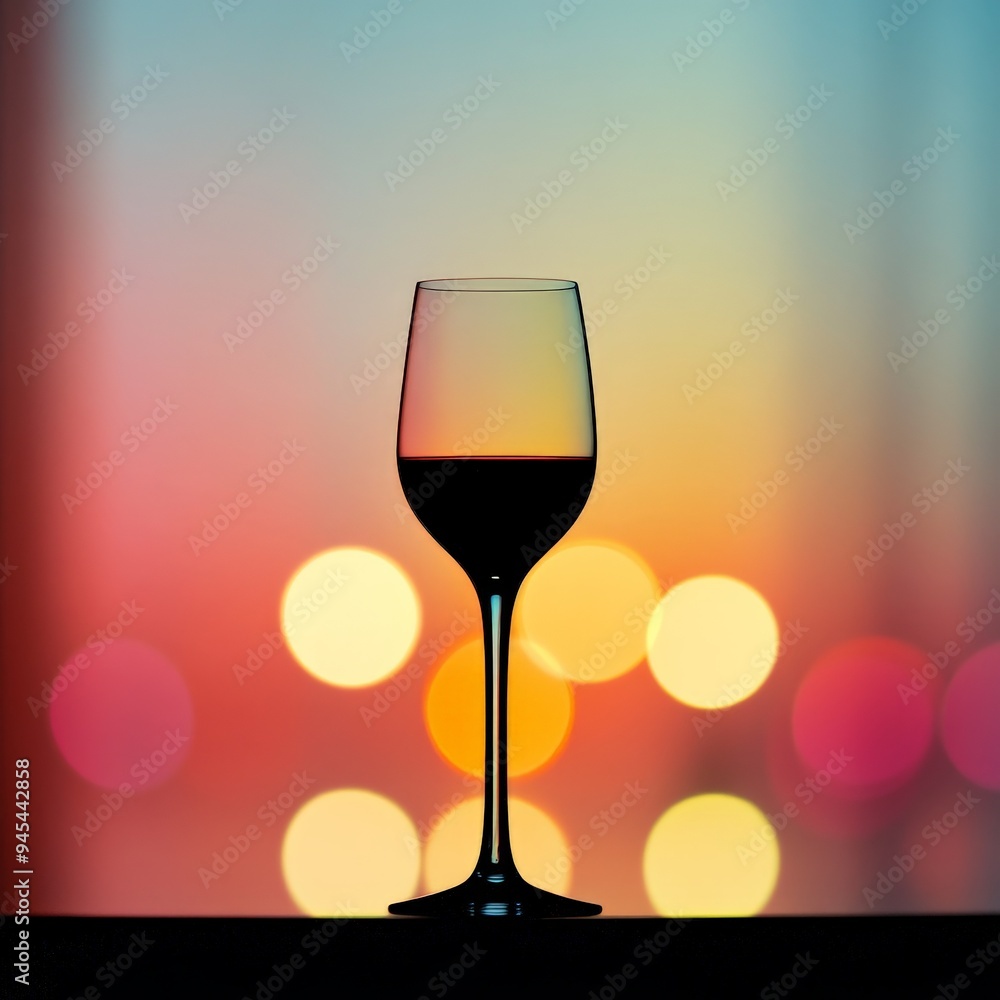 Poster A tall wine glass filled with dark liquid stands elegantly against a background of warm bokeh lights, creating a soft and inviting atmosphere perfect for intimate settings.