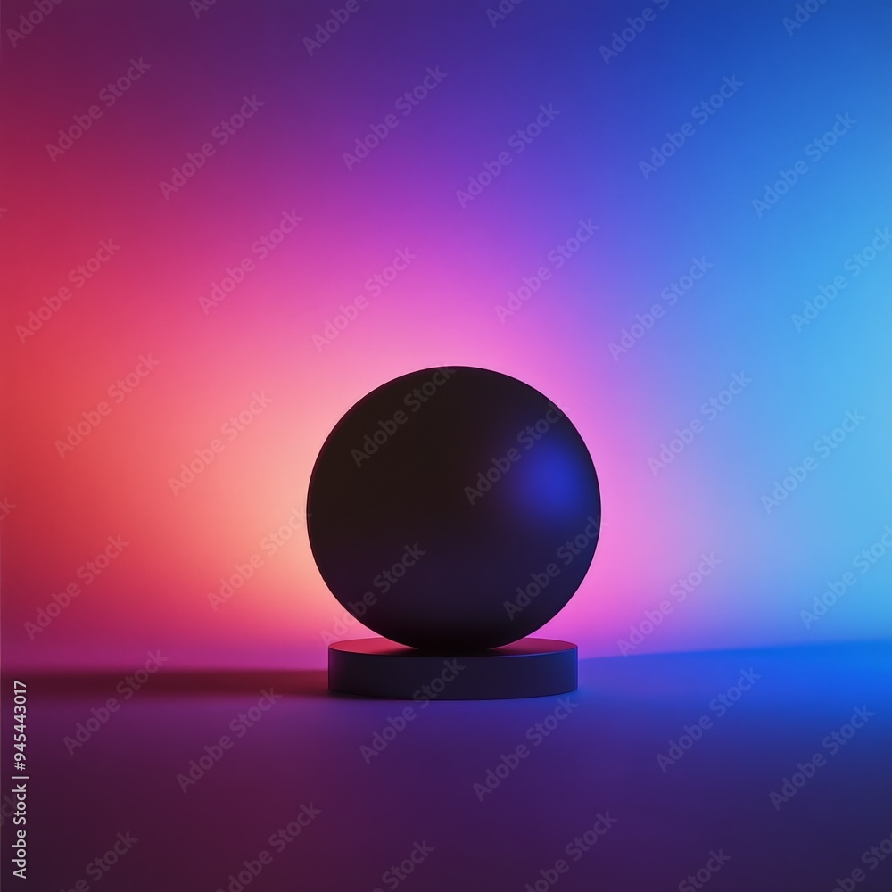 Aufkleber A black sphere positioned on a small pedestal is highlighted dramatically by red and blue lighting, creating a scene with an intense interplay of colors and shadow.