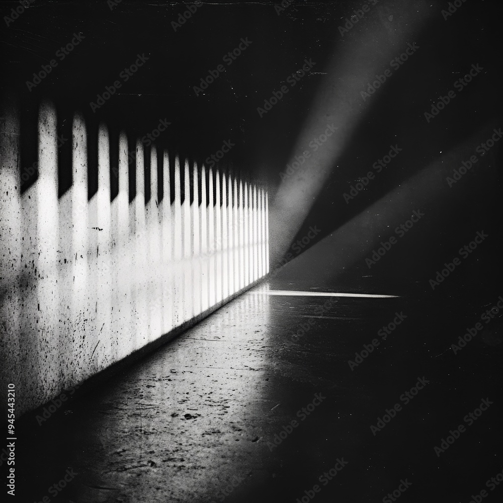 Aufkleber a captivating play of light and shadow in a moody hallway, with light streaming through vertical sli