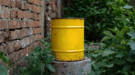Obraz premium A vibrant yellow barrel stands amidst lush foliage against a weathered brick wall, evoking an urban, yet natural atmosphere.