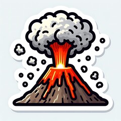 A cartoon drawing of a volcano with a red lava flow. The volcano is surrounded by smoke and ash, and the lava is flowing down the side of the mountain. The drawing has a sense of danger and excitement
