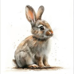 Obraz premium A watercolor painting of a brown and grey rabbit sitting on the ground, looking off to the side with curious eyes