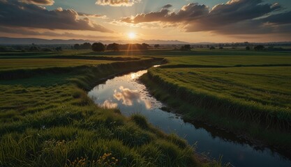 Serene Sunset Over Lush Fields