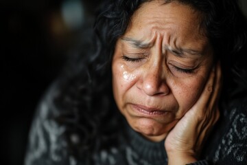 A woman with tears streaming down her face, displaying raw emotion and vulnerability, captures an intense moment of sadness and empathy, provoking deep contemplation.