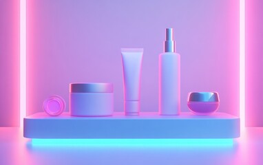 3D rendering of a podium scene featuring cosmetic products on a geometric platform 3D showcase display