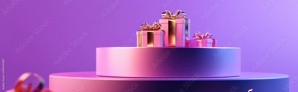 Poster 3d rendering of a podium featuring a gift box set against a purple backdrop