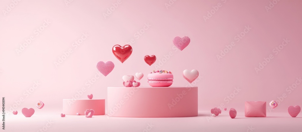 Aufkleber 3D rendering featuring a pink background with three podiums designed for displaying products such as cosmetics food drinks or technical tools all themed around a Valentine s Day concept
