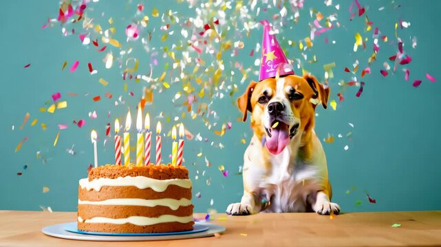 Happy dog celebrates birthday with a delicious cake and colorful candles